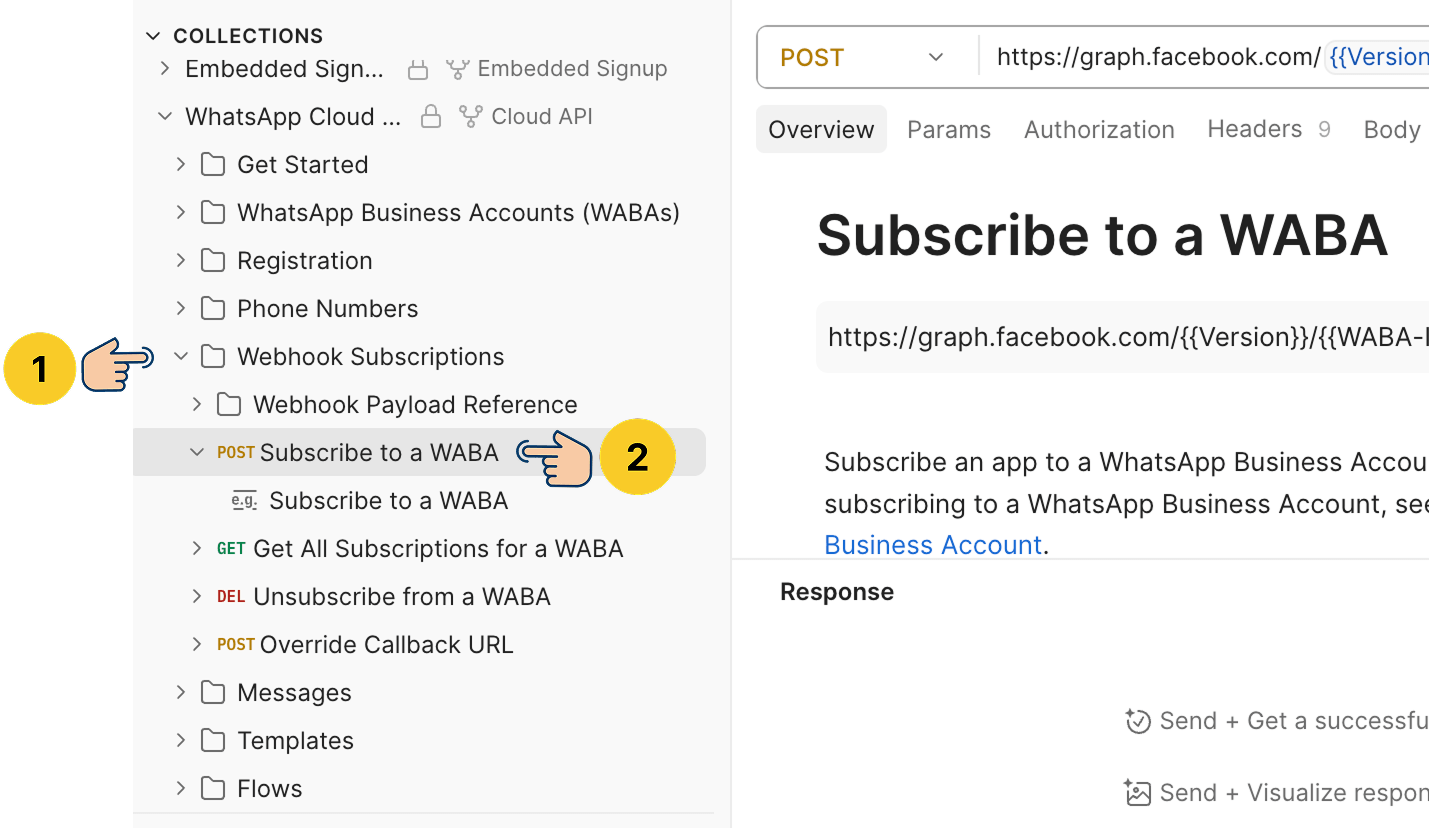 Postman screenshot showing step 1: expand the Webhook Subscriptions folder in the WhatsApp Cloud API collection, and step 2: click the POST "Subscribe to a WABA" request.