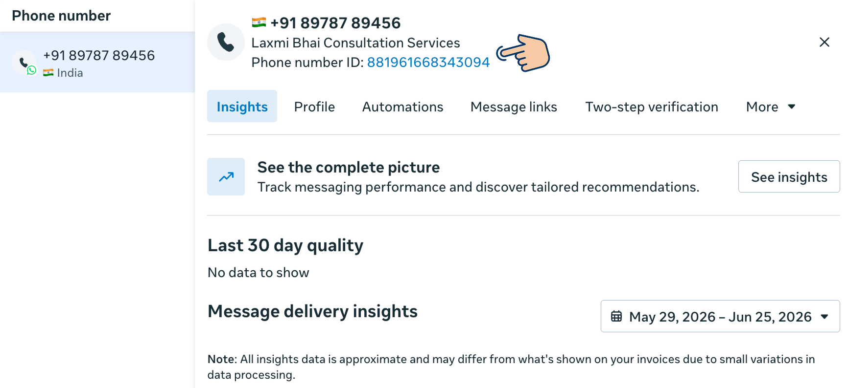 WhatsApp Business configuration screen for the selected WABA number with a hand cursor pointing to the Phone number ID