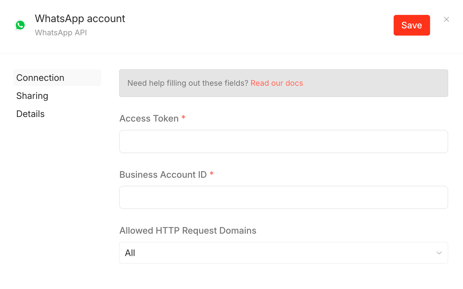 WhatsApp account credential setup dialog showing required fields for Access Token and Business Account ID (WABA ID), with Allowed HTTP Request Domains set to "All".