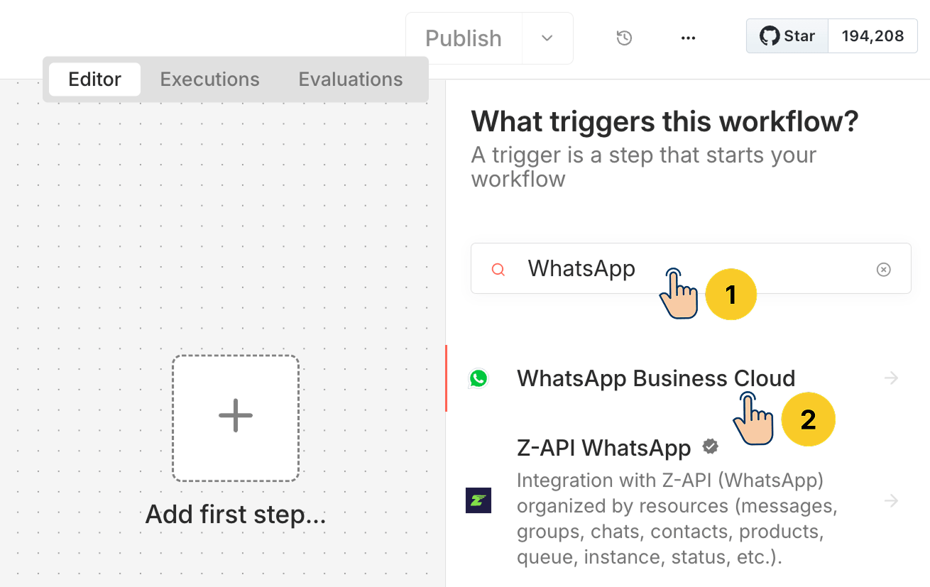 Workflow builder showing a search for "WhatsApp" in the trigger panel, with step 1 pointing to the search box and step 2 pointing to "WhatsApp Business Cloud" in the results.