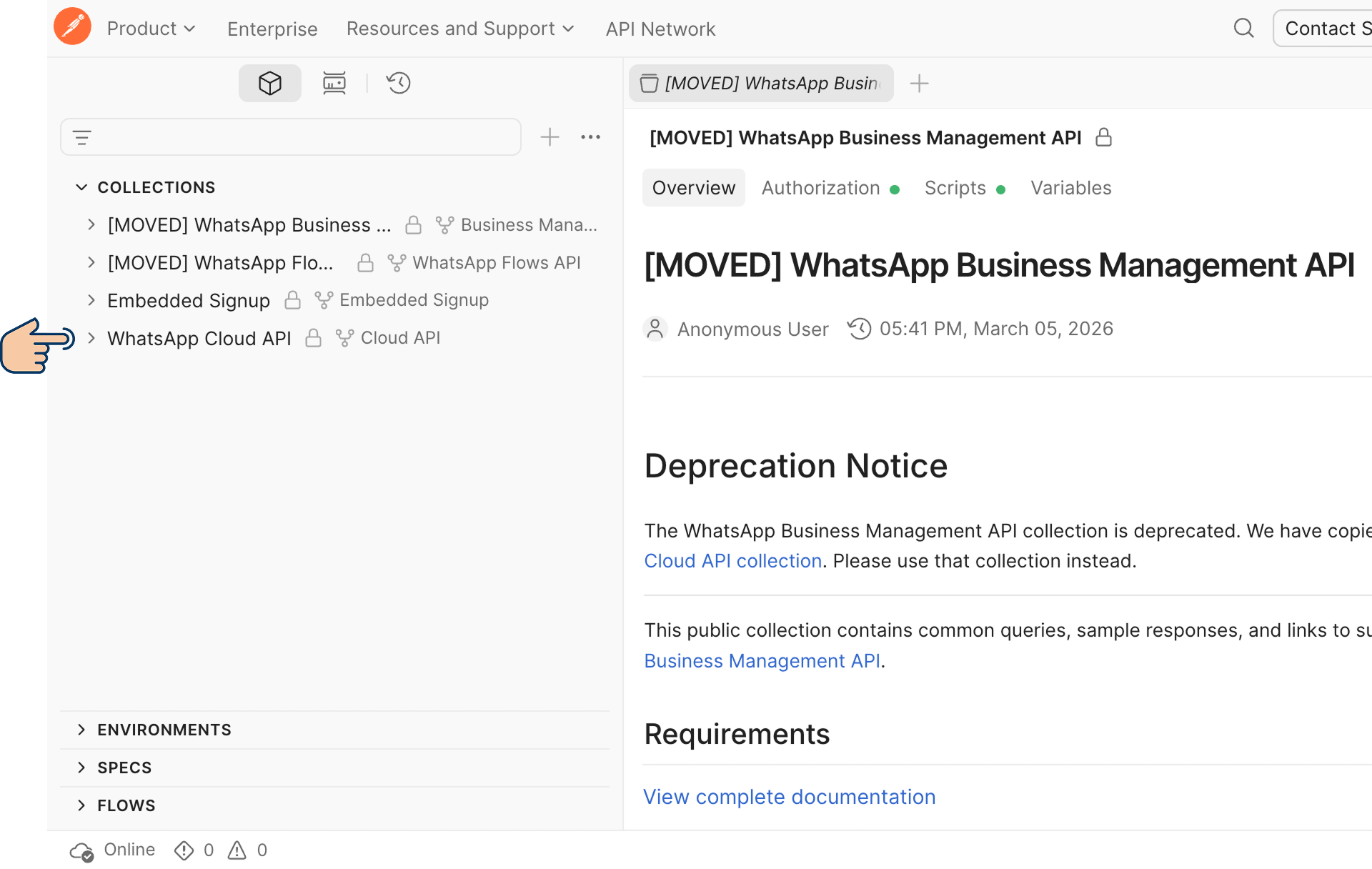 Postman sidebar showing the Collections list with "WhatsApp Cloud API" folder