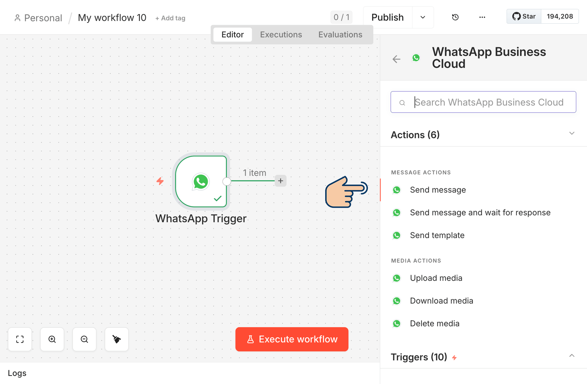n8n workflow editor showing the WhatsApp Business Cloud node panel with "Send message" listed under Message Actions, alongside a canvas containing a WhatsApp Trigger node