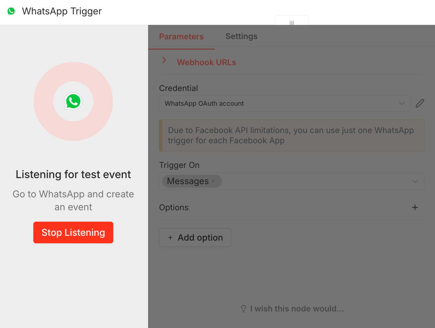 n8n WhatsApp Trigger node actively listening for a test event
