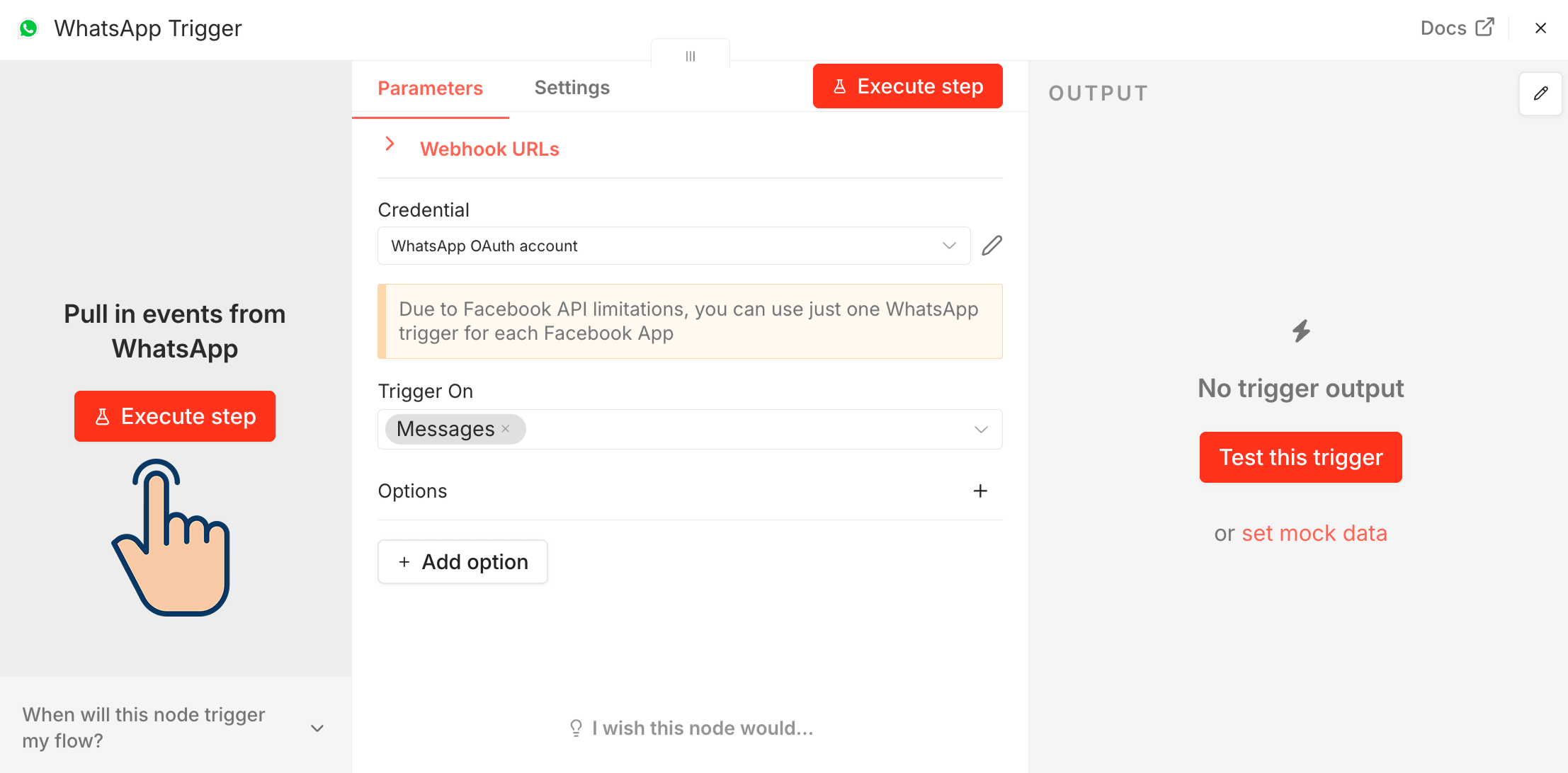 n8n WhatsApp Trigger node configuration panel showing "Execute step" button and ready to listen for incoming WhatsApp messages.