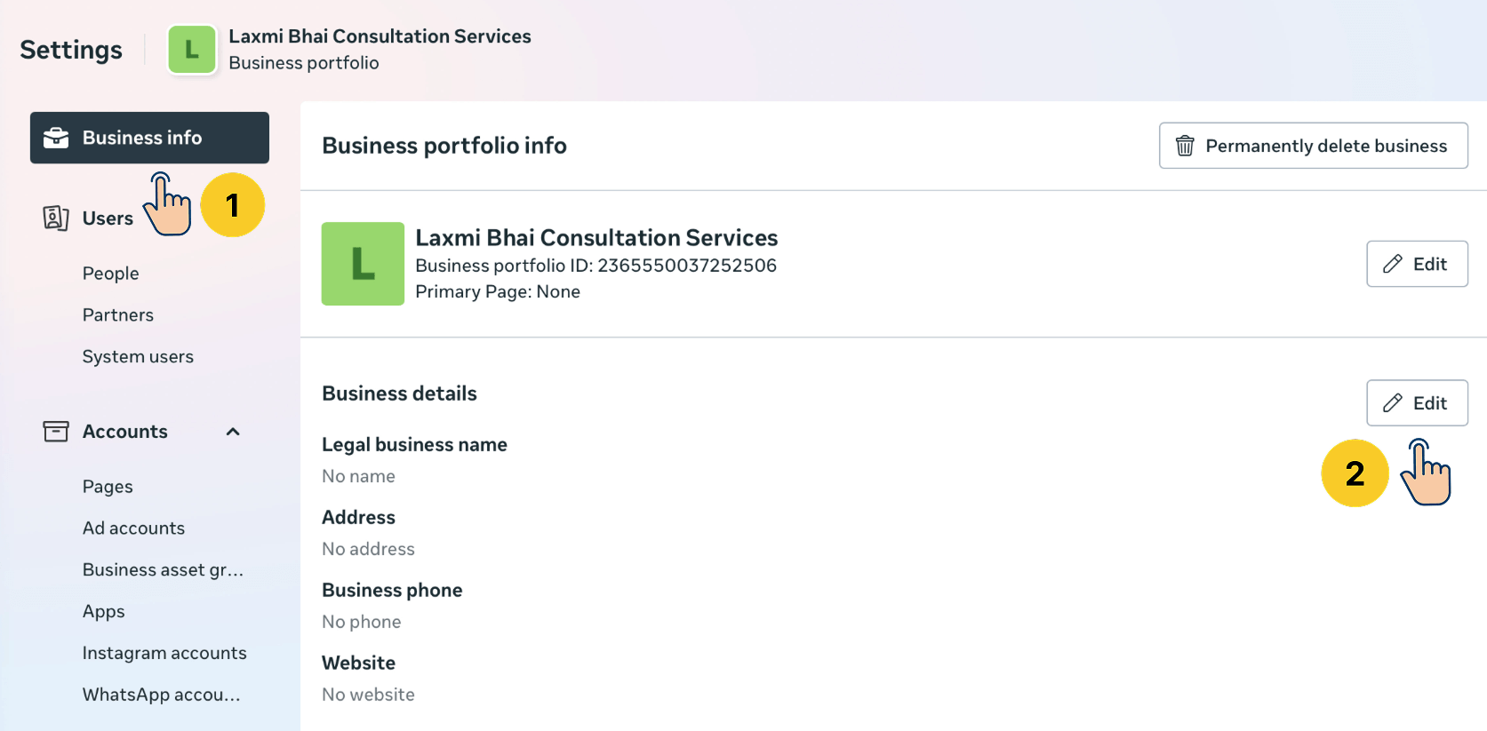 Meta Business Settings showing the Business info page for "Laxmi Bhai Consultation Services" with empty Business details β no legal name, address, phone, or website filled in.