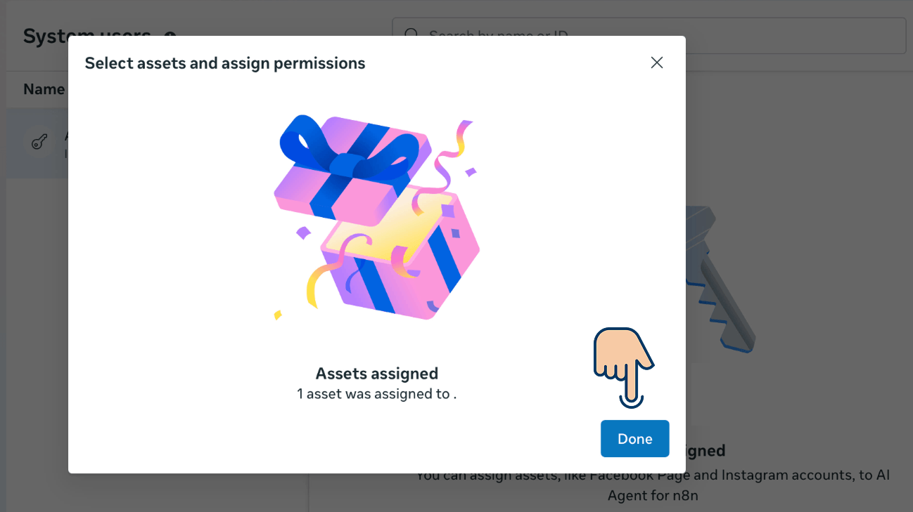 Facebook "Select assets and assign permissions" dialog showing a success state: "Assets assigned β 1 asset was assigned to." with a Done button.