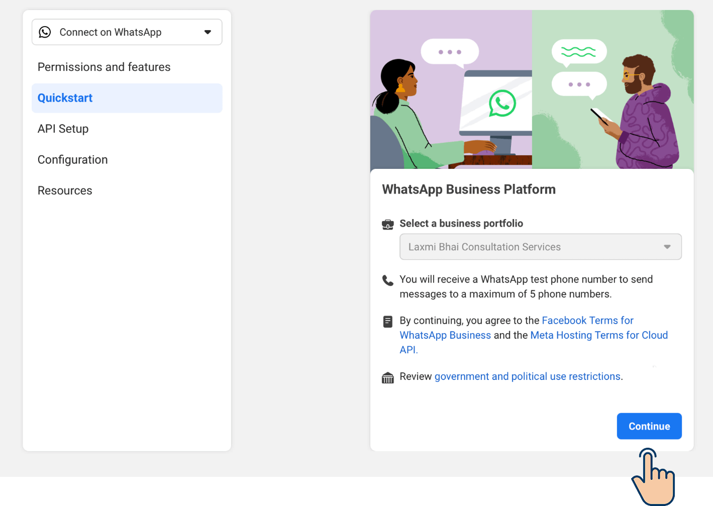 WhatsApp Business Platform Quickstart screen with a business portfolio selected and the Continue button