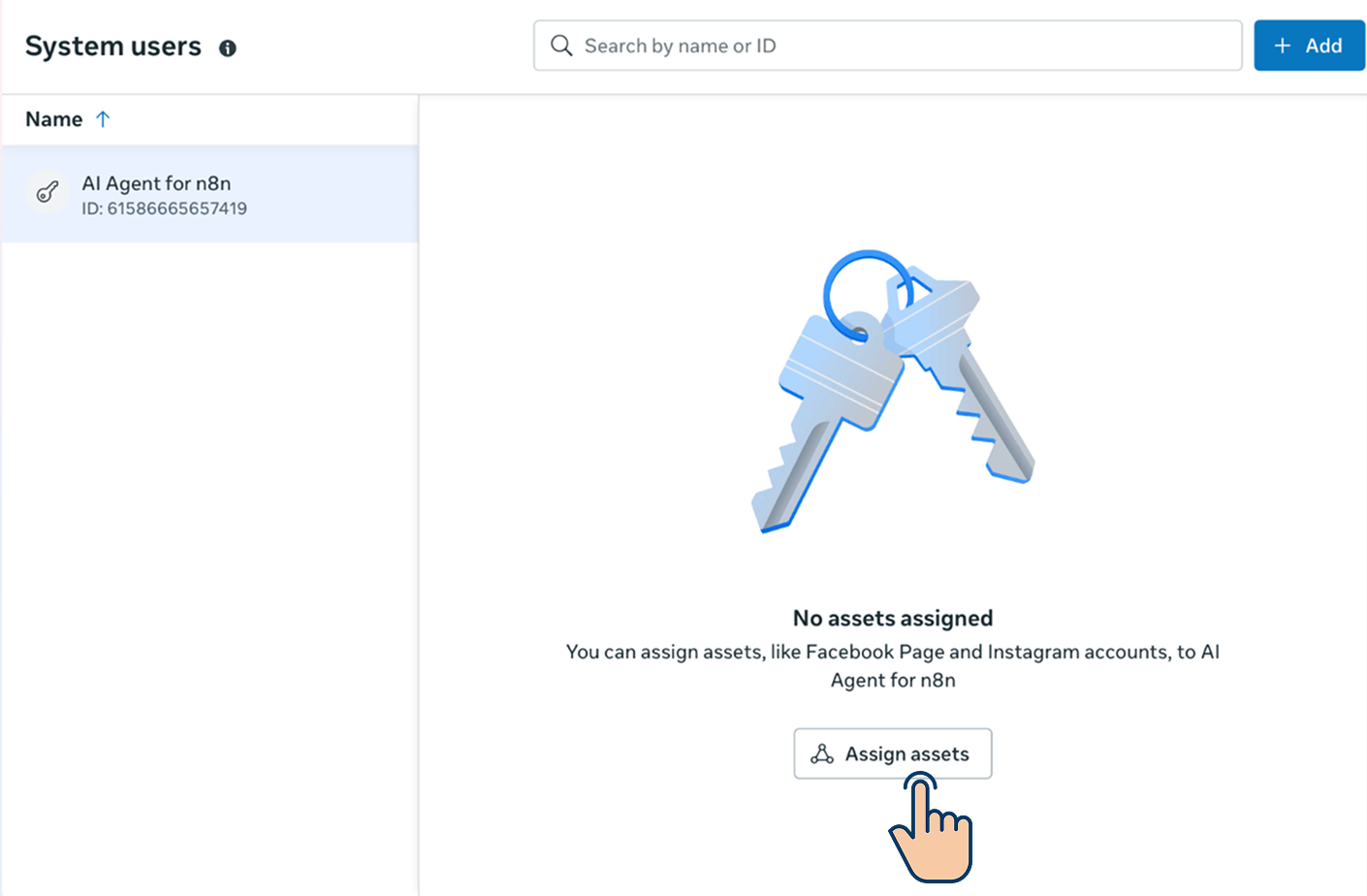 Facebook Business Manager System Users page showing the newly created system user selected, with a "No assets assigned" empty state and the "Assign assets" button highlighted by a cursor.