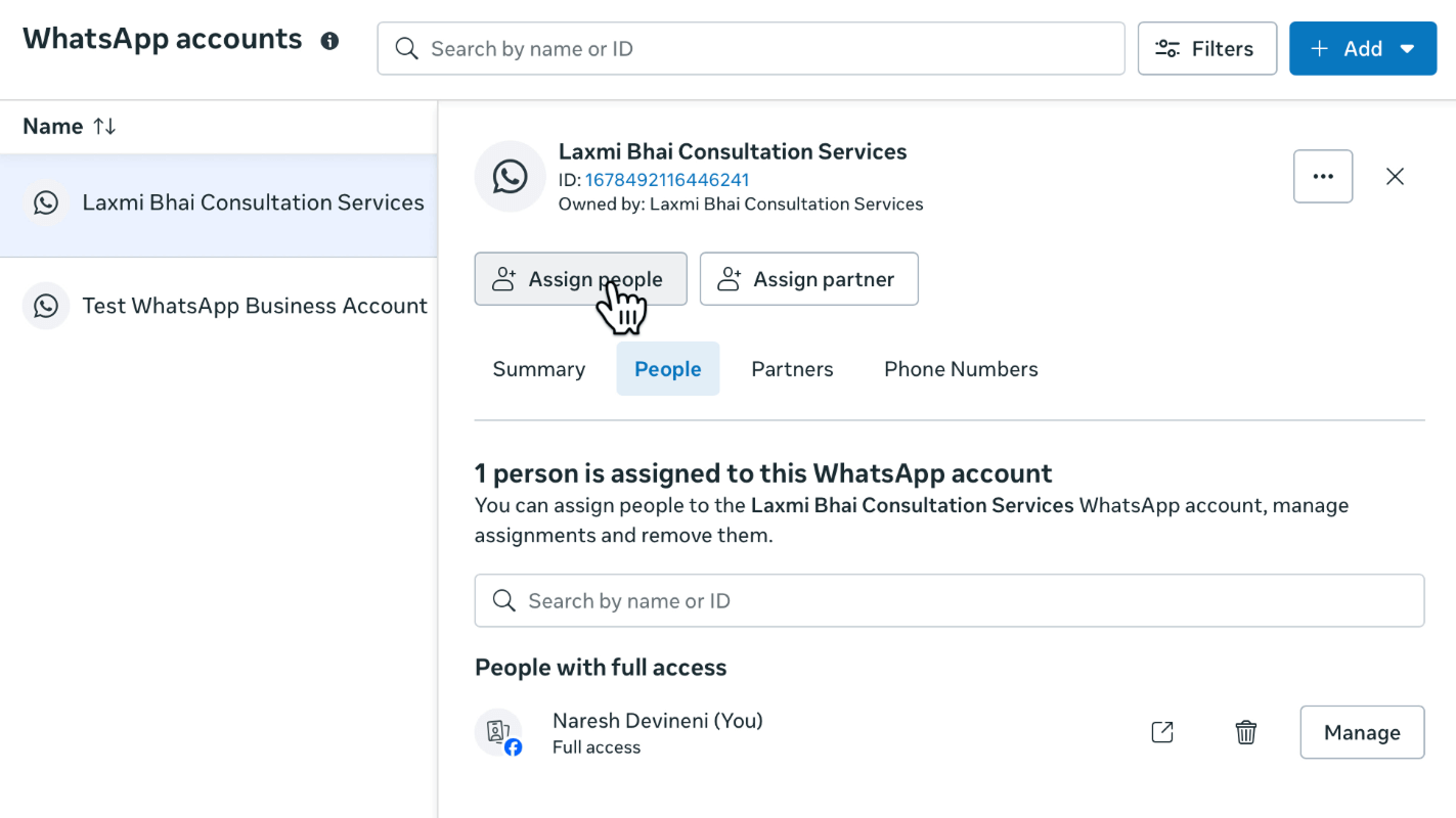 WhatsApp accounts panel showing the "Assign people" button (cursor hovering over it) above the People tab, with 1 person currently assigned and full access.