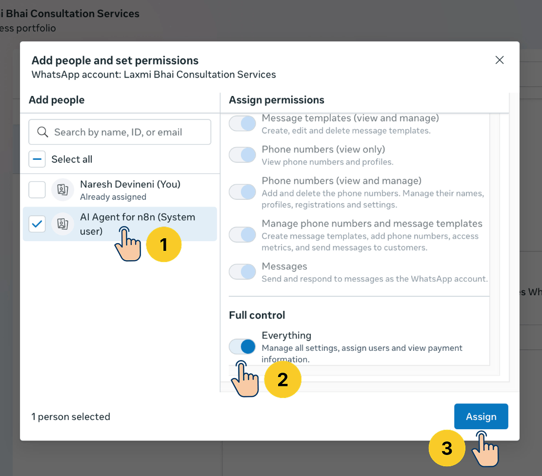 WhatsApp Business "Add people and set permissions" dialog showing three numbered steps: select the AI Agent system user, enable Full Control, then click Assign.