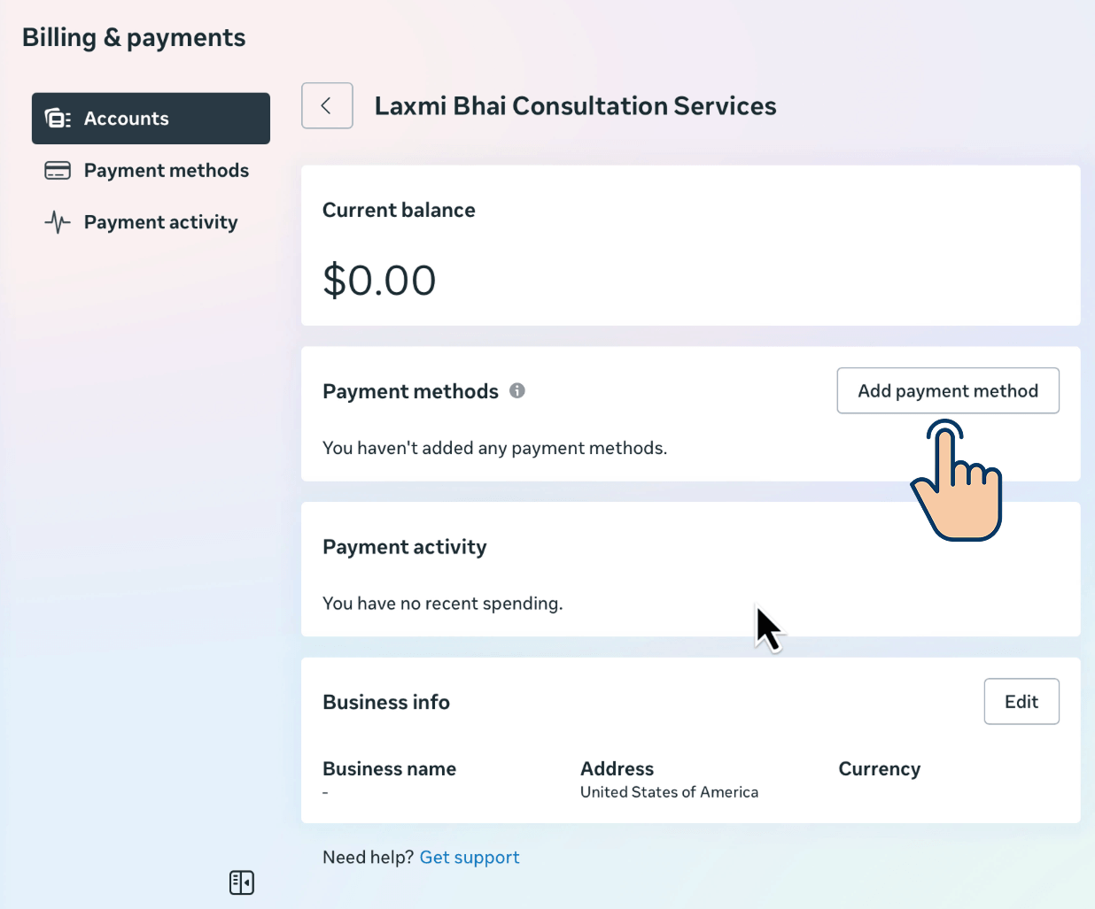 WABA Billing & payments screen showing a $0.00 balance, an empty Payment methods section, and the "Add payment method" button highlighted with a pointer cursor.