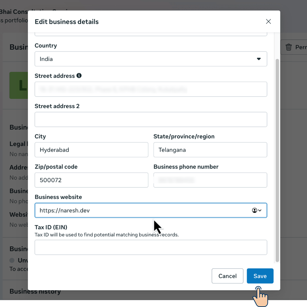 "Edit business details" modal with fields filled in for Country (India), City (Hyderabad), State (Telangana), Zip (500072), and Business website, with the cursor hovering over the Save button.