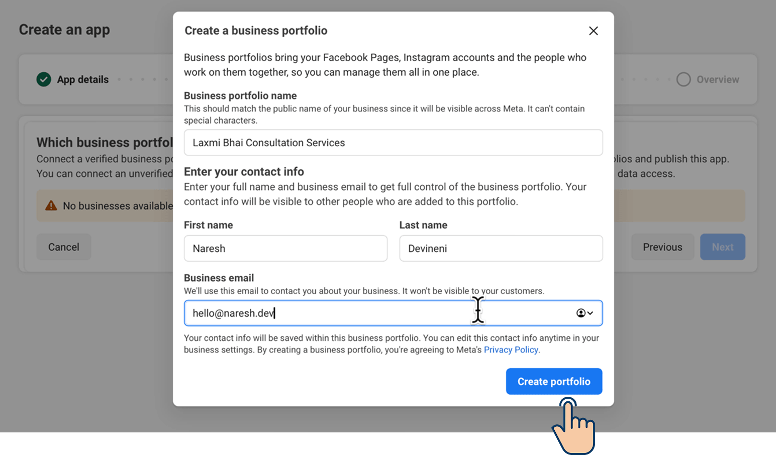 Meta "Create a business portfolio" pop-up showing fields for portfolio name, first name, last name, and business email, with the "Create portfolio" button highlighted at the bottom.