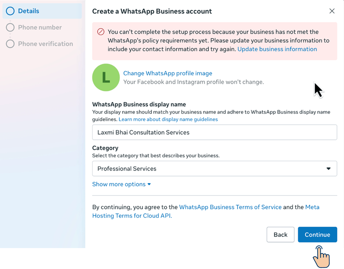WhatsApp Business account creation dialog showing a policy error banner.