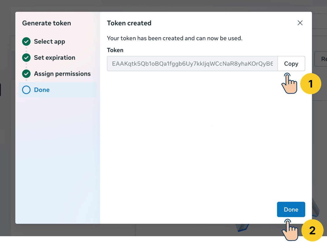 Token created dialog showing the generated access token with a Copy button (step 1) and a Done button (step 2) annotated with numbered callouts.
