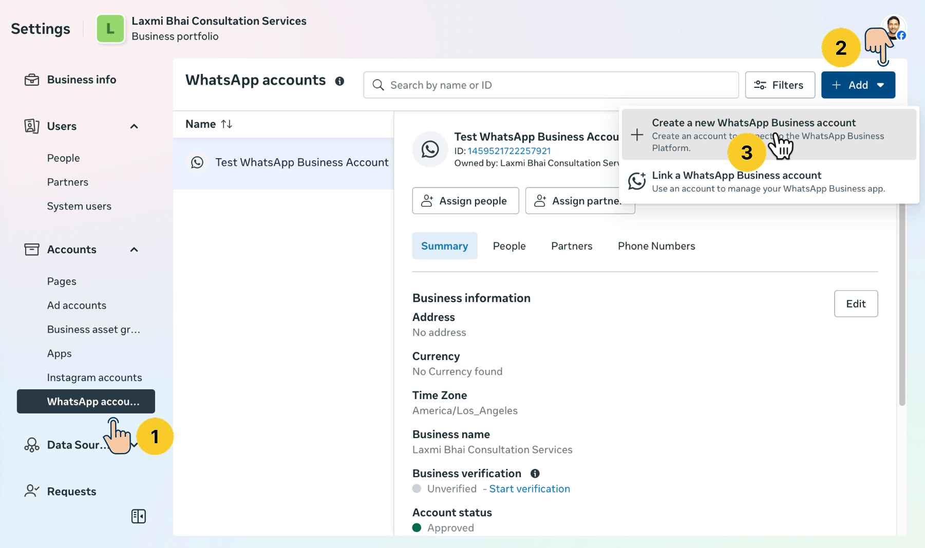 Facebook Business Manager Settings β WhatsApp Accounts page showing a test account and the expanded "+ Add" dropdown with options to create or link a WhatsApp Business account.