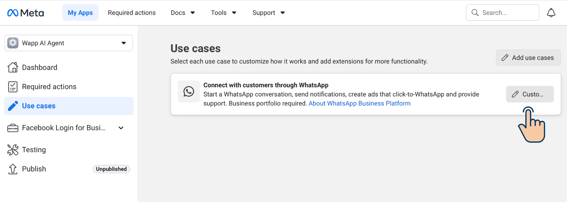 Meta for Developers "Use cases" page showing the "Connect with customers through WhatsApp" use case