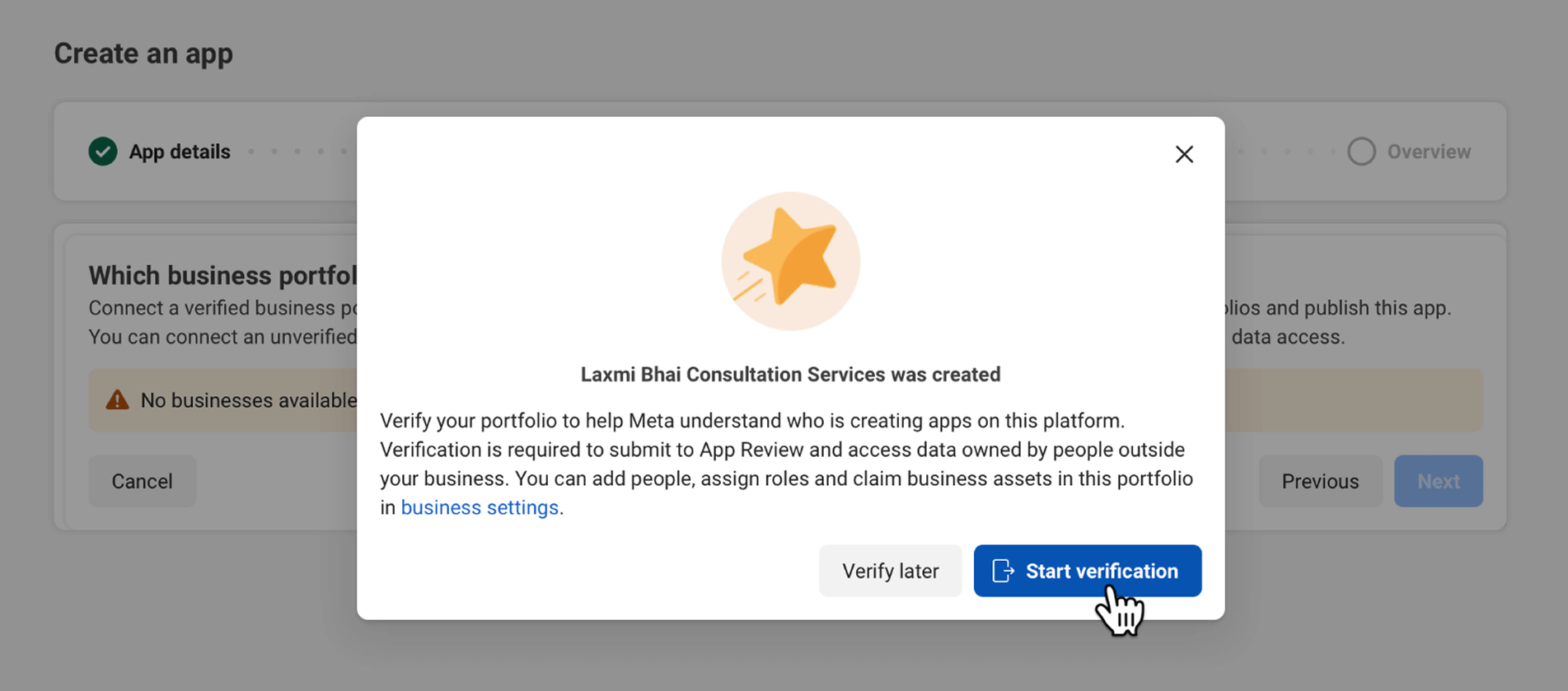 Meta developer portal modal prompting business portfolio verification, with the "Start verification" button highlighted by a cursor.
