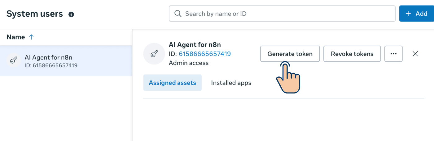 System Users panel with "AI Agent for n8n" selected; cursor pointing to the "Generate token" button.