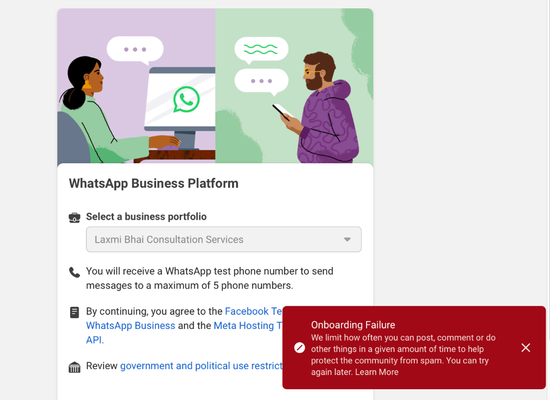WhatsApp Business Platform onboarding screen showing a red "Onboarding Failure" error: "We limit how often you can post, comment or do other things in a given amount of time to help protect the community from spam. You can try again later."