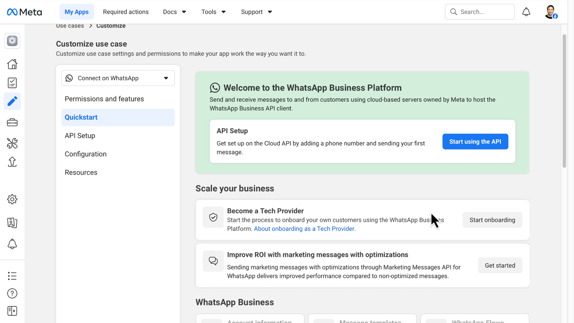 Meta for Developers: WhatsApp Business Platform Quickstart page with "Become a Tech Provider" and "Start onboarding" button