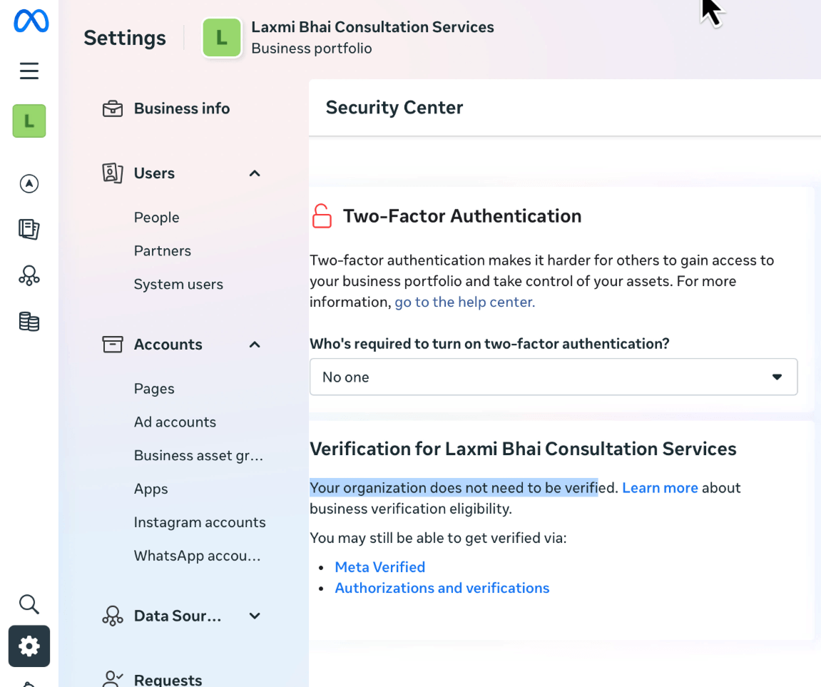 Facebook Business Portfolio Settings β Security Center showing "Your organization does not need to be verified" for my business