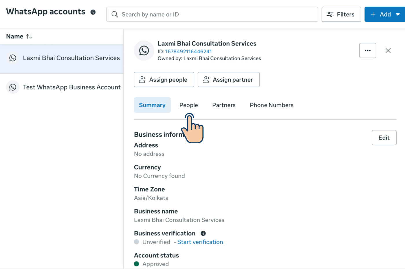 Meta Business Manager screenshot showing a WhatsApp Business Account detail panel with a cursor pointing to the "People" tab.
