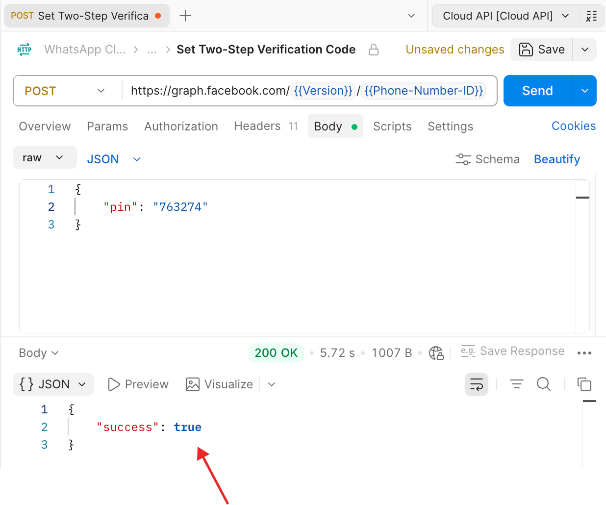 Postman screenshot of a POST request to Set Two-Step Verification Code returning a 200 OK response