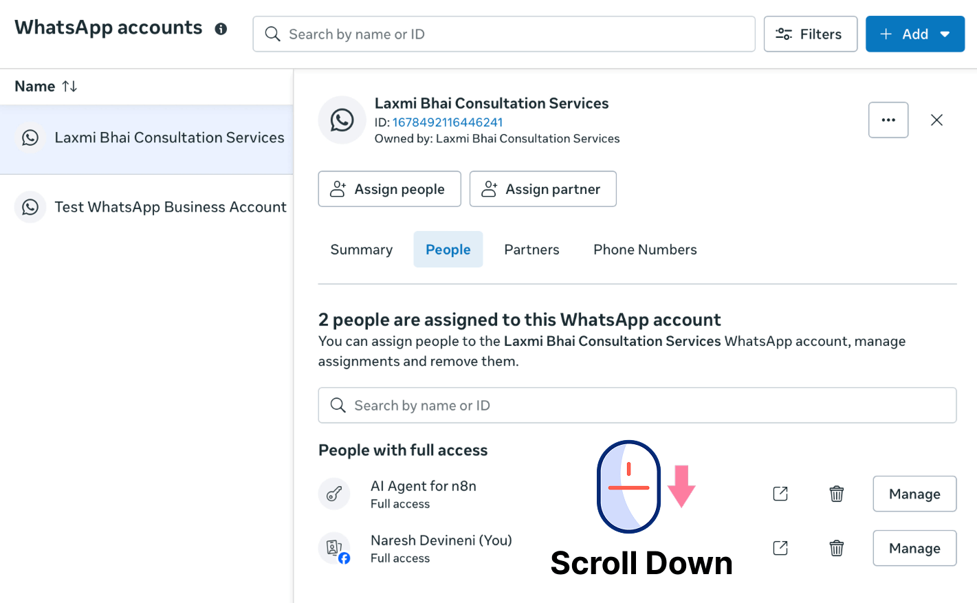 Meta Business Suite screenshot showing the WhatsApp accounts page inside a WABA, with a "Scroll Down" annotation indicating where to scroll to find the WhatsApp Manager button.