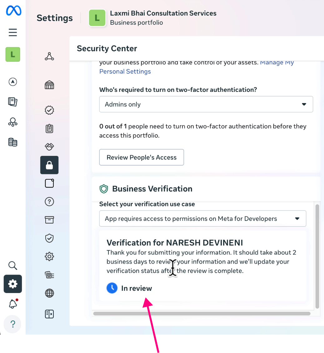 Meta Business Portfolio Security Center screenshot showing the Business Verification section with status "In review"