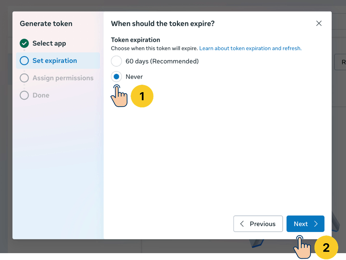 Generate token dialog β "Set expiration" step showing two radio options: "60 days (Recommended)" and "Never" (selected), with callout 1 pointing to the Never option and callout 2 pointing to the Next button.