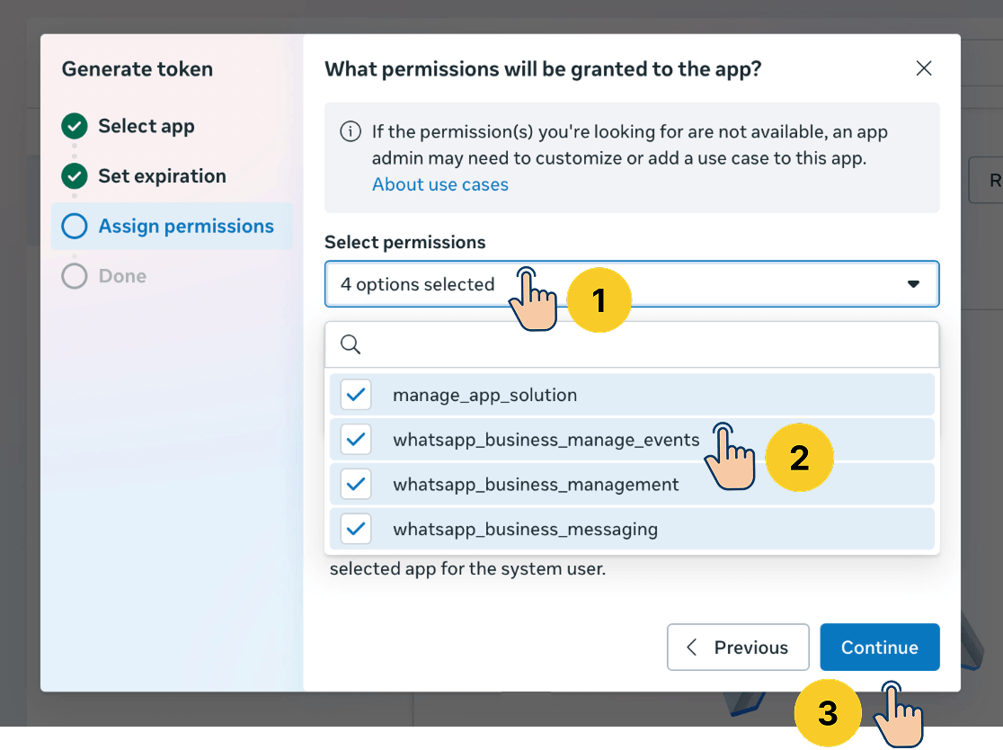 Generate token dialog showing the "Assign permissions" step with 4 permissions selected in a dropdown: manage_app_solution, whatsapp_business_manage_events, whatsapp_business_management, and whatsapp_business_messaging.
