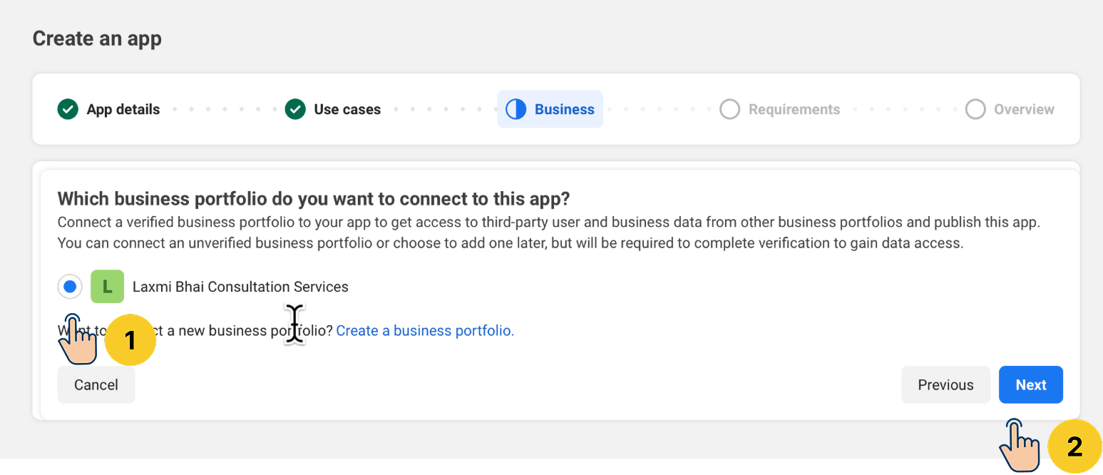 Facebook Developer portal "Create an app" wizard on the Business step