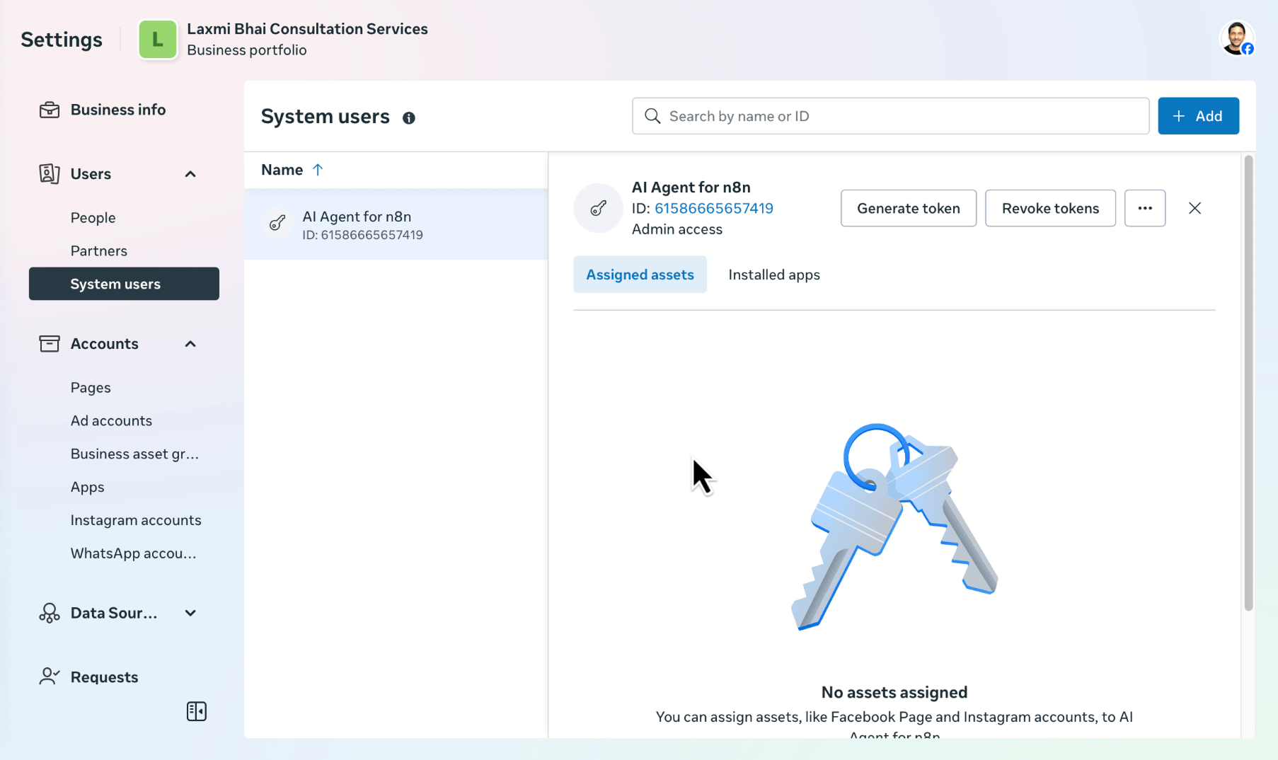 Facebook Business Manager System Users page showing the newly created system user with Admin access, its ID, and options to Generate token or Revoke tokens.