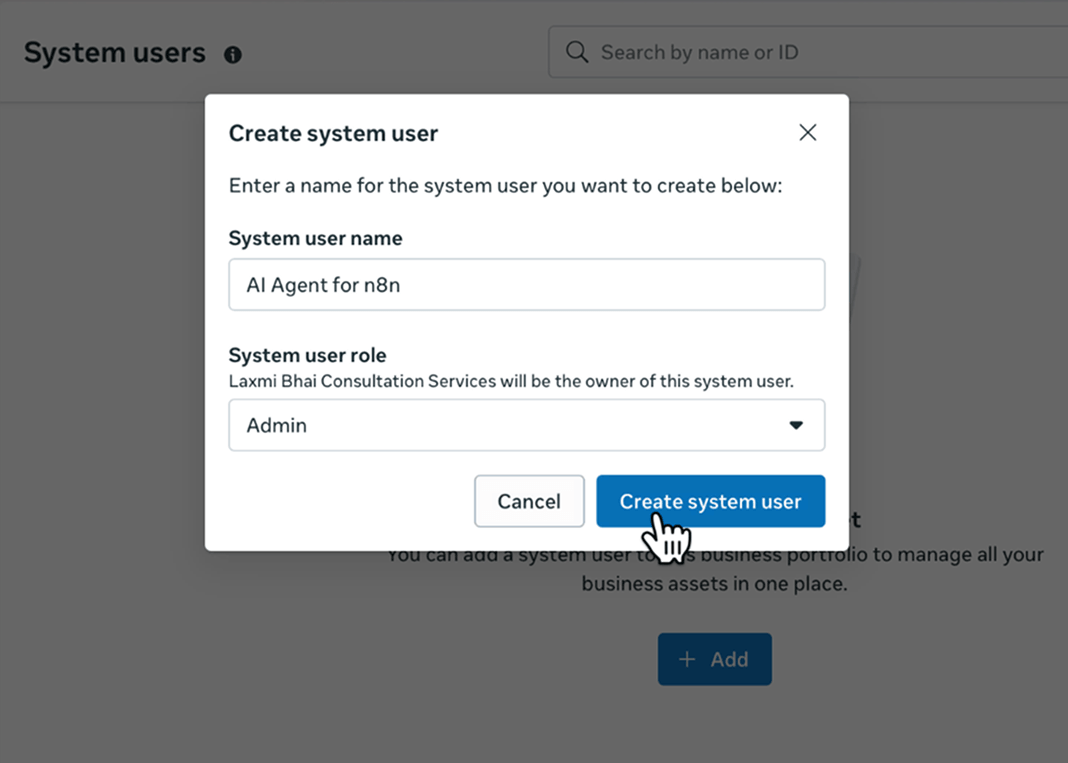 "Create system user" dialog with a name and role set to Admin, and cursor hovering over the Create button