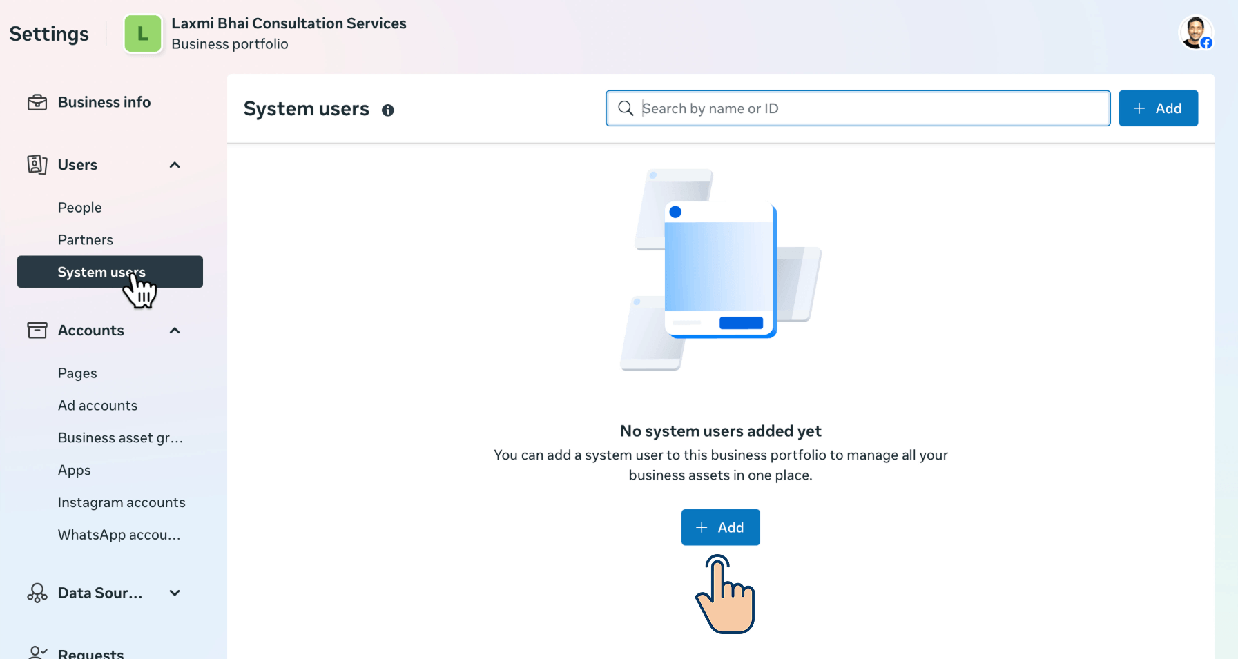 Facebook Business Settings β System users page showing an empty state: "No system users added yet," with a hand cursor on the Add button.