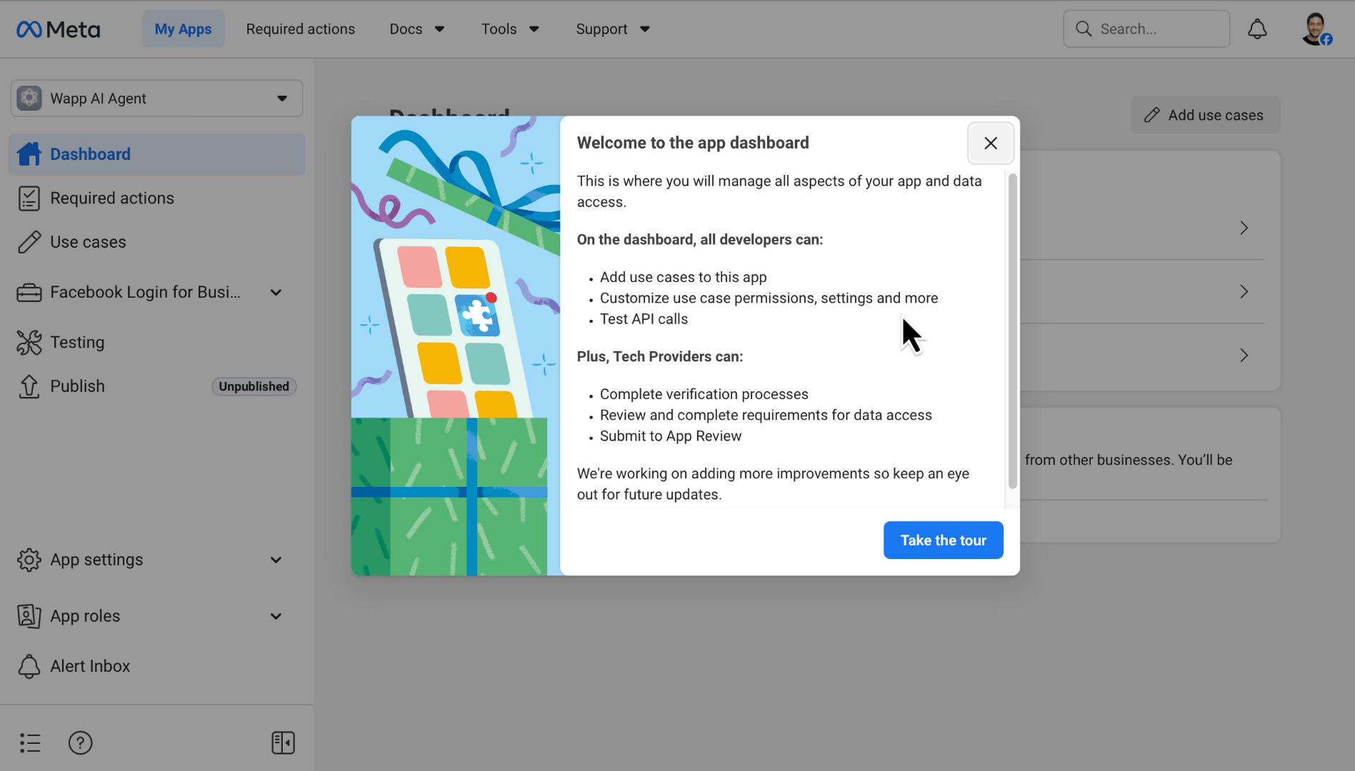 Meta for Developers app dashboard with a "Welcome to the app dashboard" onboarding modal and a "Take the tour" button