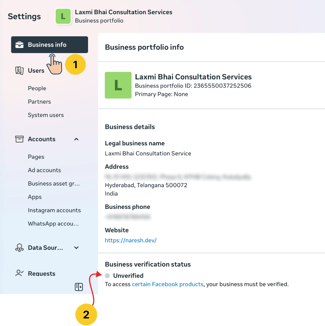 Facebook Business Manager "Business info" page showing the Business verification status as "Unverified".