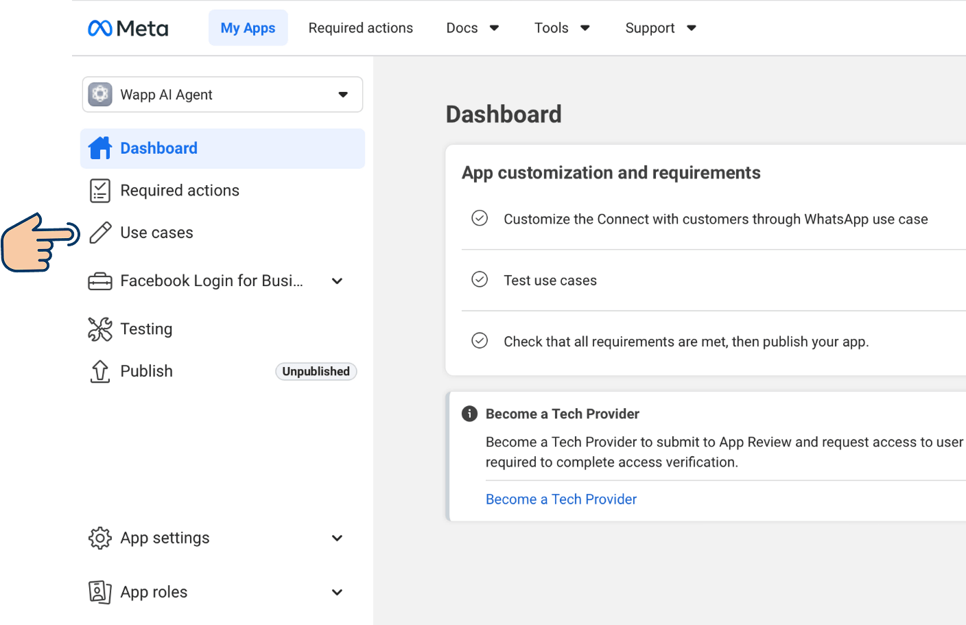 Meta for Developers app dashboard with a hand pointer highlighting "Use cases" in the left sidebar navigation.