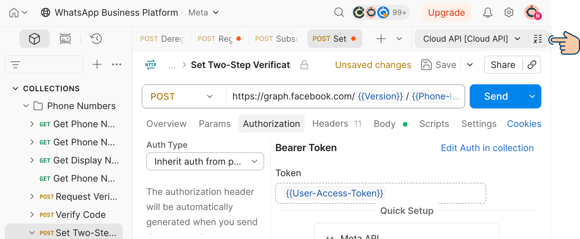 Postman screenshot of a POST request to the WhatsApp Business Platform API, with a hand cursor pointing to the variables button in the top-right corner of the interface.