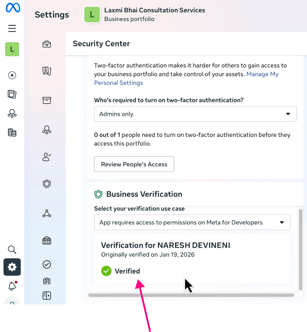Meta Business Manager screenshot showing Business Verification status as "Verified"