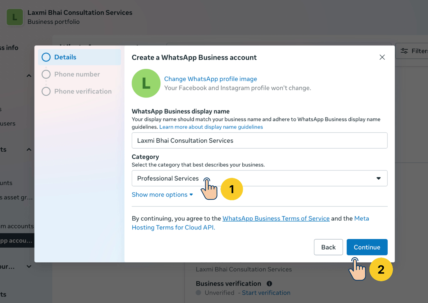 Meta Business Manager screenshot showing the "Create a WhatsApp Business account" dialog, Step A: Details β with display name filled in and Category set to "Professional Services", annotated with two numbered callouts pointing to the Category dropdown (1) and the Continue button (2).