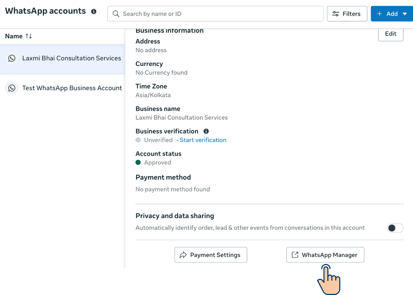 WhatsApp accounts settings panel showing business information for "Laxmi Bhai Consultation Services" with account status "Approved", and a cursor pointing to the "WhatsApp Manager" button at the bottom.