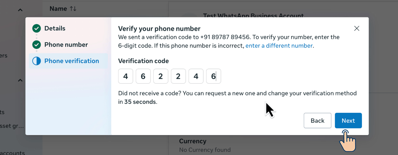 WhatsApp Business "Verify your phone number" dialog showing a 6-digit OTP
