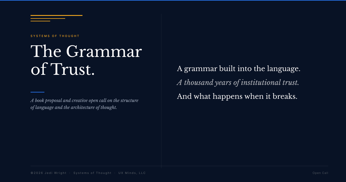 The Grammar of Trust's initial creative direction. Design language developed in Figma 4.26.26.