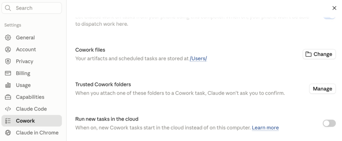 Claude Desktop Settings panel, with the "Run new tasks in the cloud" toggle switched off. Also visible: Cowork files storage path and Trusted Cowork folders management option.