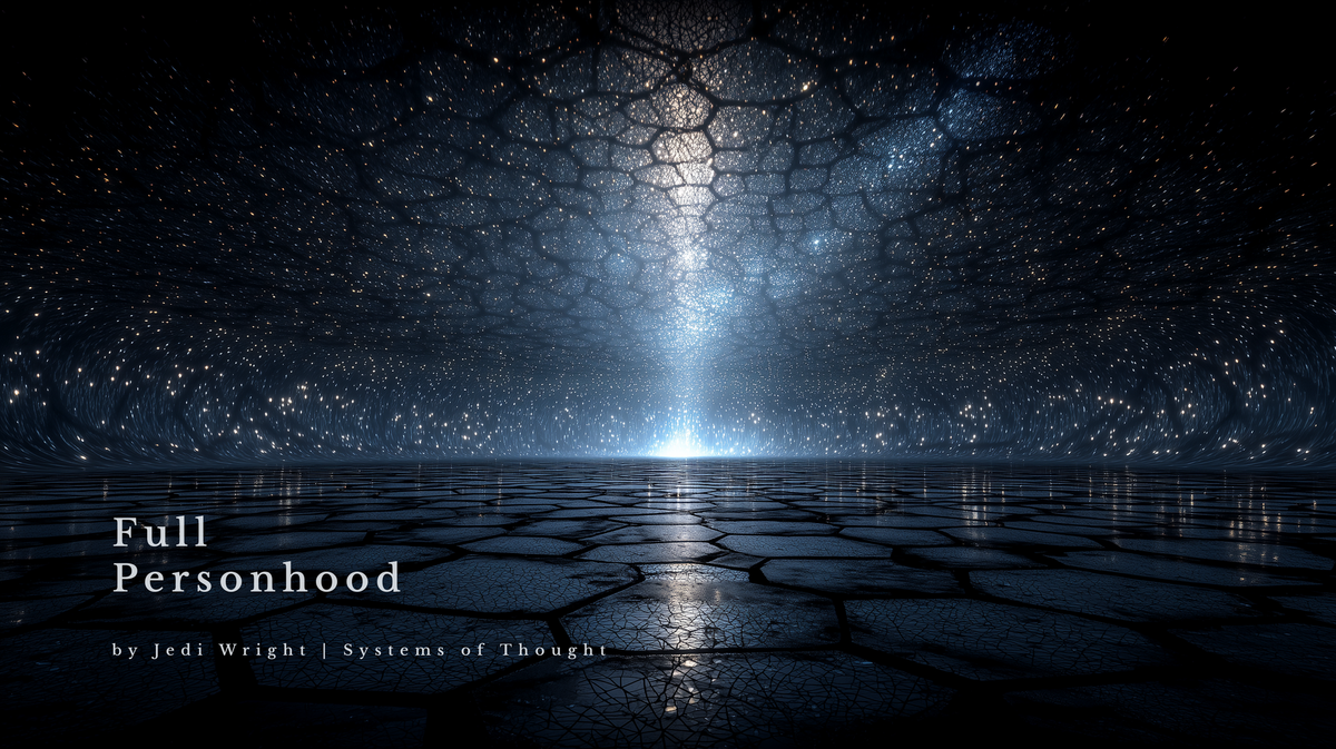 A vast hexagonal network stretches overhead and across a reflective floor, converging on a single light source at the horizon. Deep navy and blue-grey tones throughout.