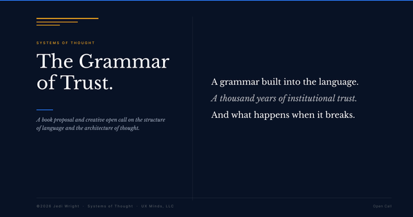 The Grammar of Trust's initial creative direction. Design language developed in Figma 4.26.26.