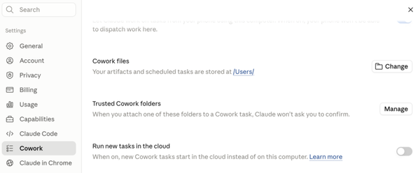 Claude Desktop Settings panel, with the "Run new tasks in the cloud" toggle switched off. Also visible: Cowork files storage path and Trusted Cowork folders management option.