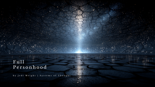A vast hexagonal network stretches overhead and across a reflective floor, converging on a single light source at the horizon. Deep navy and blue-grey tones throughout.